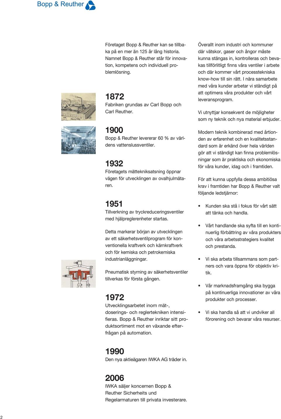 1932 Företagets mättekniksatsning öppnar vägen för utvecklingen av ovalhjulmätaren. 1951 Tillverkning av tryckreduceringsventiler med hjälpreglerenheter startas.