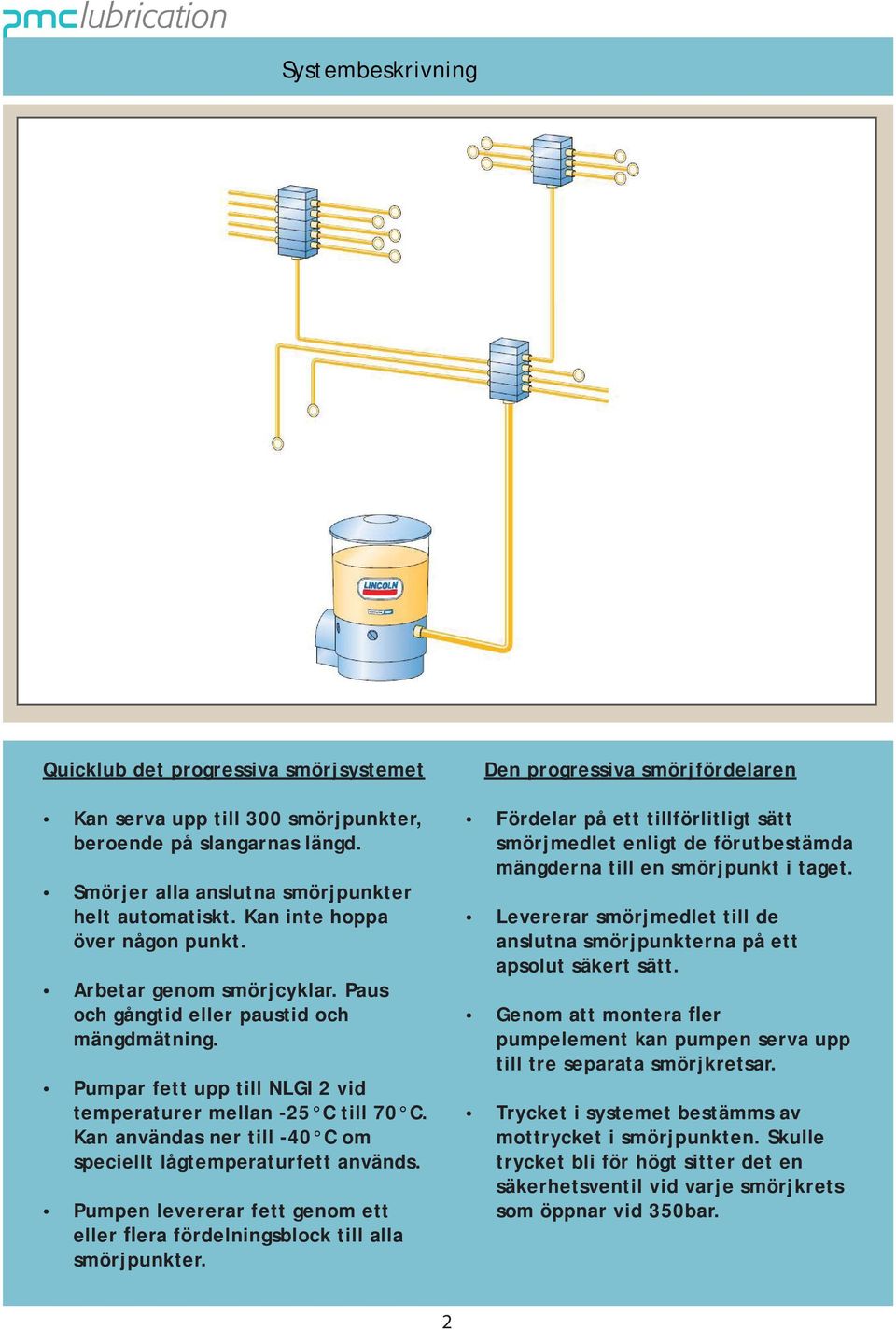 Kan användas ner till -40 C om speciellt lågtemperaturfett används. Pumpen levererar fett genom ett eller flera fördelningsblock till alla smörjpunkter.