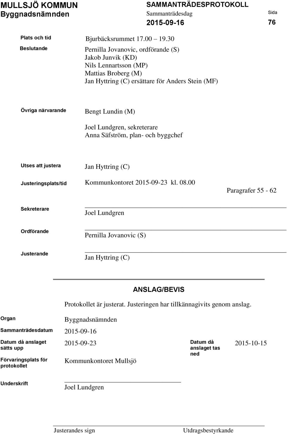 Lundgren, sekreterare Anna Säfström, plan- och byggchef Utses att justera Justeringsplats/tid Jan Hyttring (C) Kommunkontoret 2015-09-23 kl. 08.