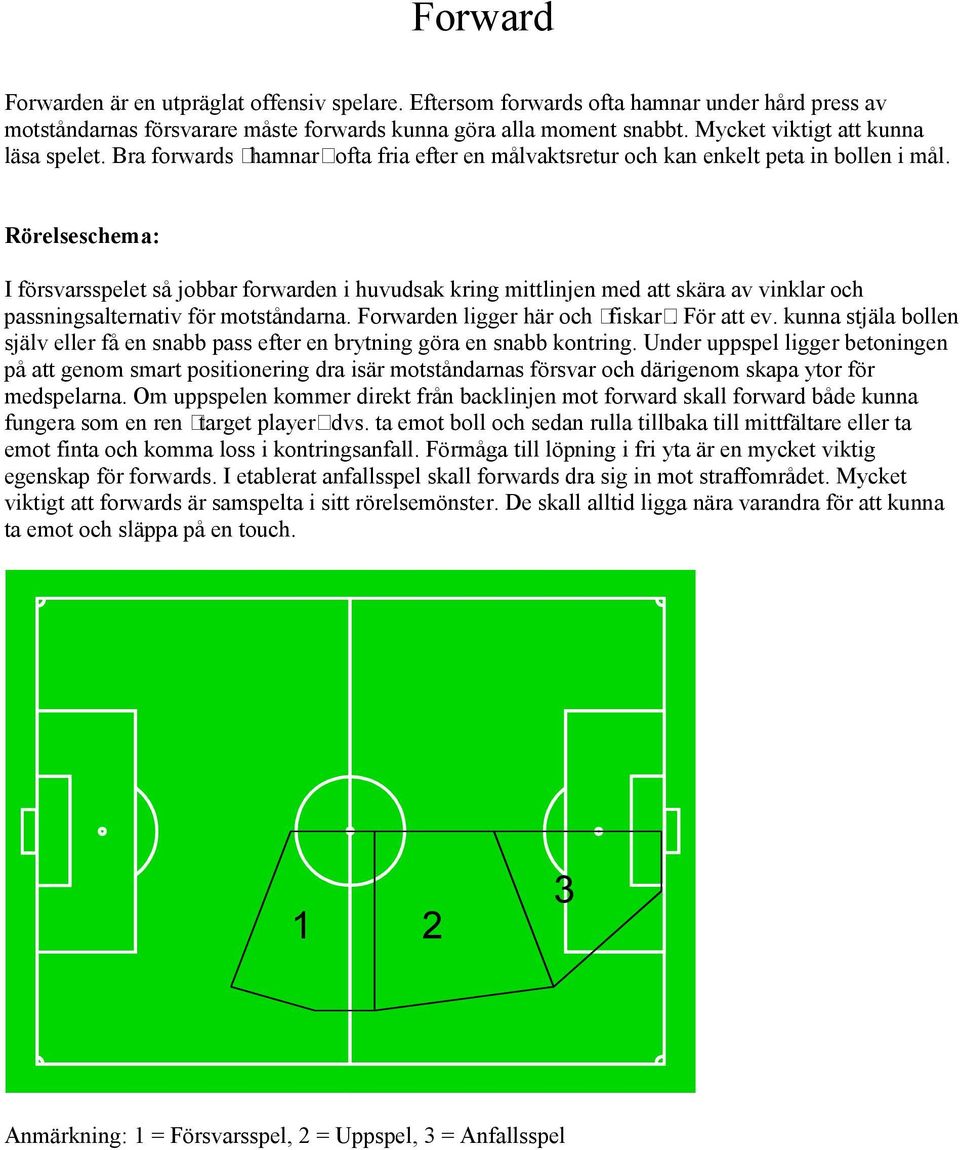 Rörelseschema: I försvarsspelet så jobbar forwarden i huvudsak kring mittlinjen med att skära av vinklar och passningsalternativ för motståndarna. Forwarden ligger här och fiskar. För att ev.