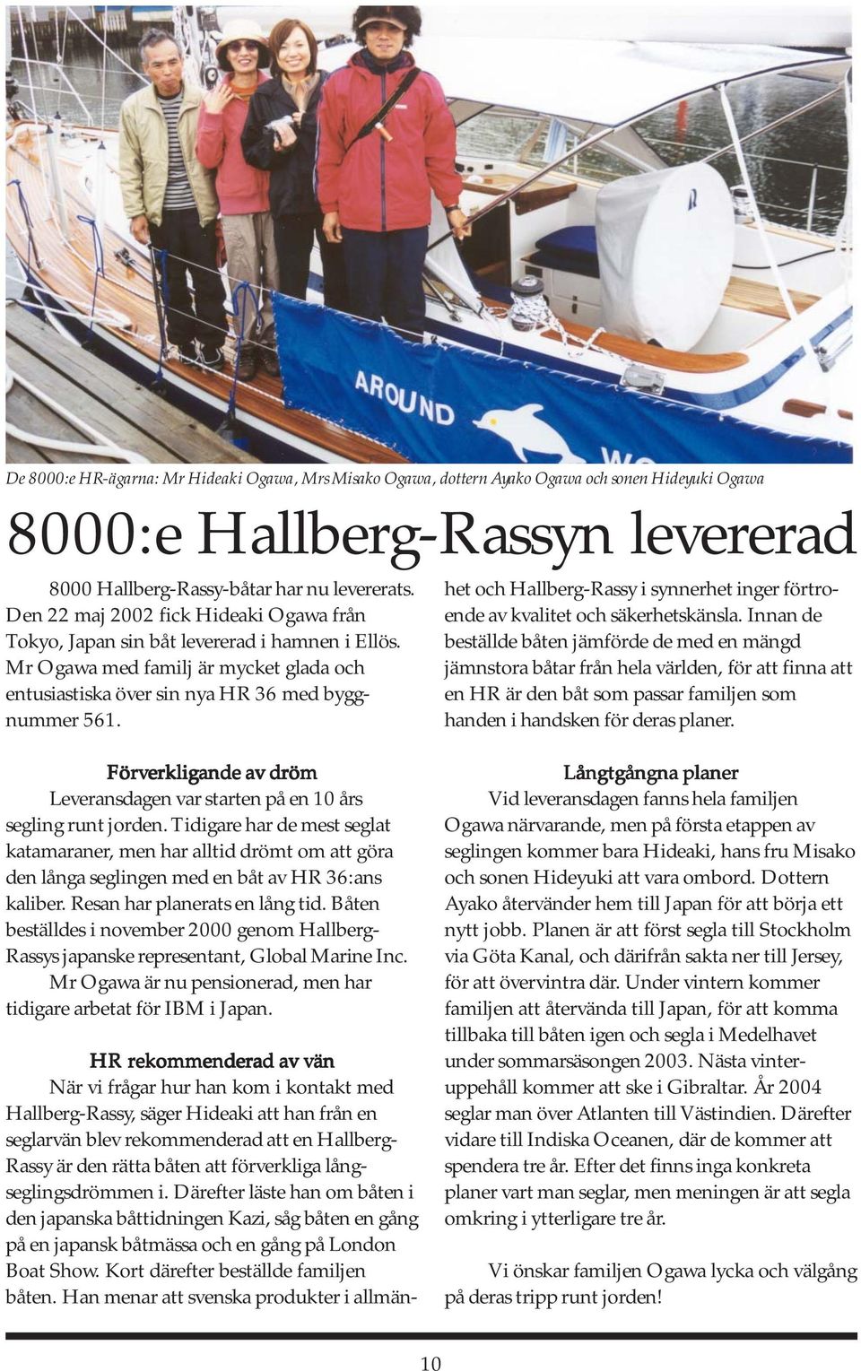 HR rekommenderad av vän När vi frågar hur han kom i kontakt med Hallberg-Rassy, säger Hideaki att han från en seglarvän blev rekommenderad att en Hallberg- Rassy är den rätta båten att förverkliga