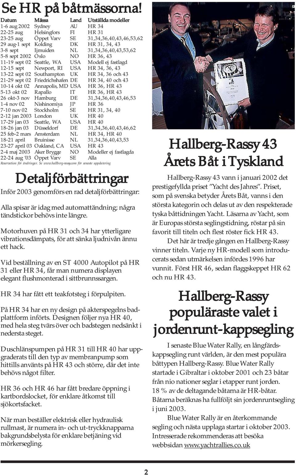 Ijmuiden NL 31,34,36,40,43,53,62 5-8 sept 2002 Oslo NO HR 36, 43 11-19 sept 02 Seattle, WA USA Modell ej fastlagd 12-15 sept Newport, RI USA HR 34, 36, 43 13-22 sept 02 Southampton UK HR 34, 36 och