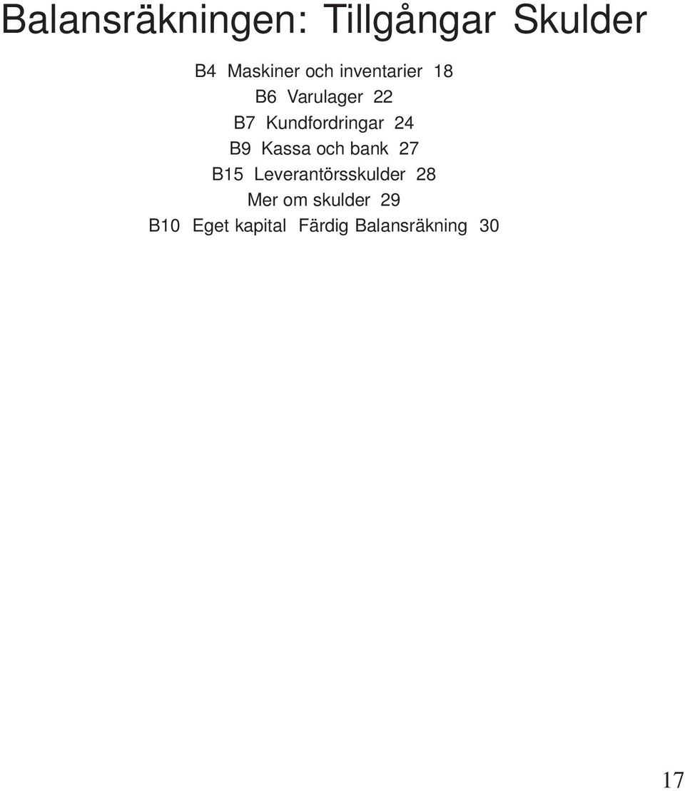 B9 Kassa och bank 27 B15 Leverantörsskulder 28 Mer