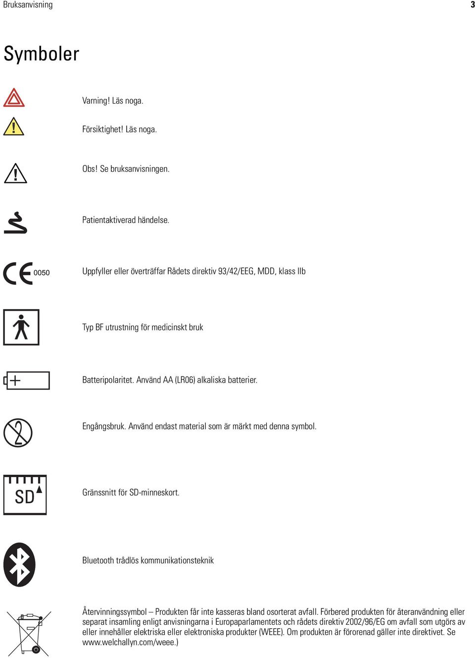 Använd endast material som är märkt med denna symbol. SD Gränssnitt för SD-minneskort. Bluetooth trådlös kommunikationsteknik Återvinningssymbol Produkten får inte kasseras bland osorterat avfall.