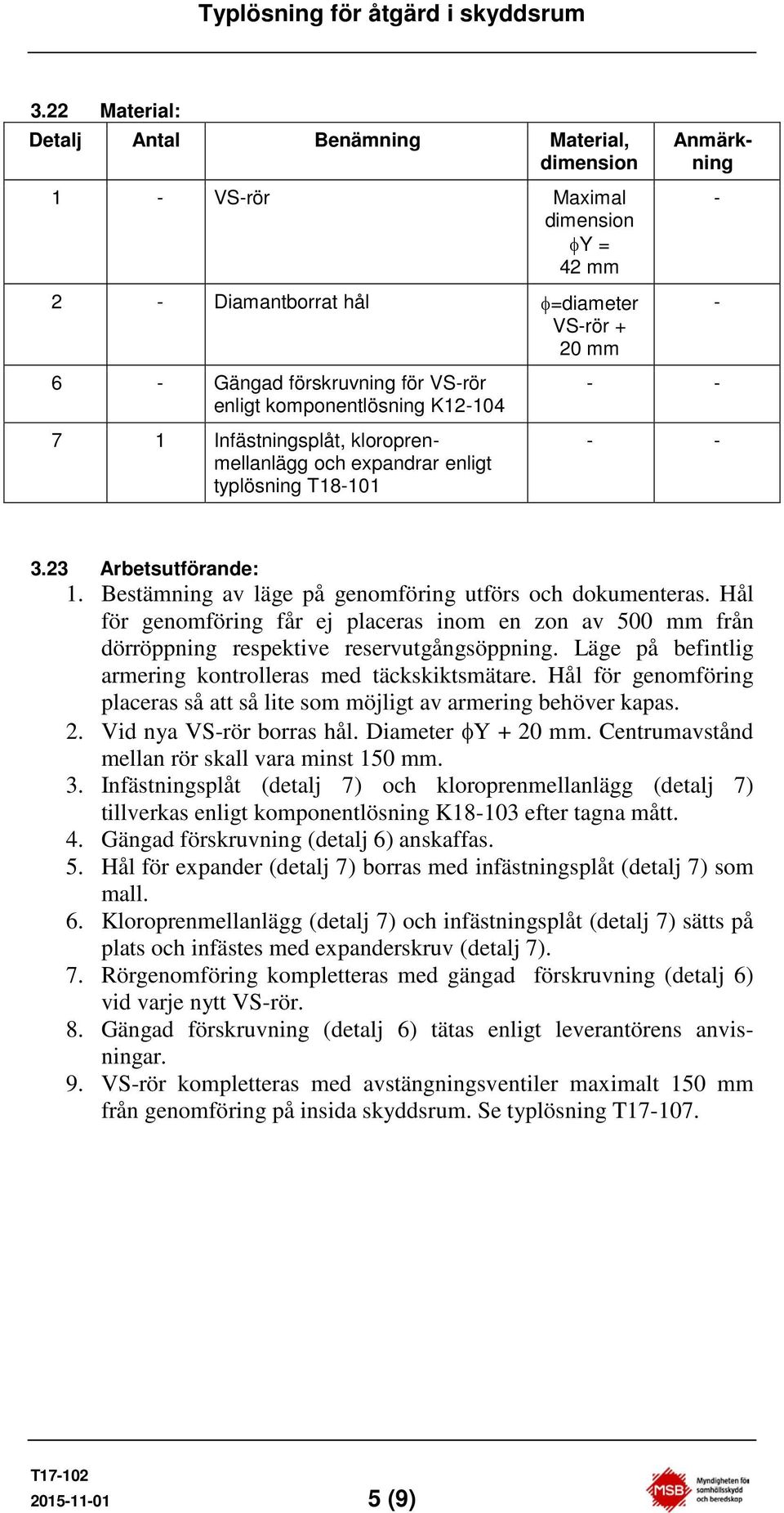 Hål för genomföring får ej placeras inom en zon av 500 mm från dörröppning respektive reservutgångsöppning. Läge på befintlig armering kontrolleras med täckskiktsmätare.