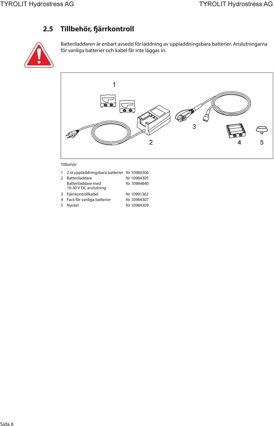 Tillbehör 1 2 st uppladdningsbara batterier Nr 10984306 2 Batteriladdare Nr 10984305 Batteriladdare med