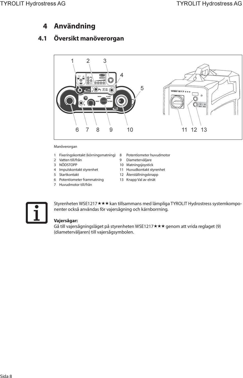 Val av elnät 7 Huvudmotor till/från Styrenheten WSE1217 kan tillsammans med lämpliga TYROLIT Hydrostress systemkomponenter också användas för vajersågning