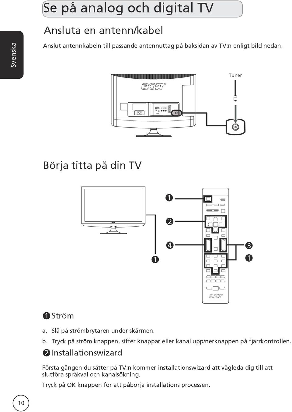 Tryck på ström knappen, siffer knappar eller kanal upp/nerknappen på fjärrkontrollen.