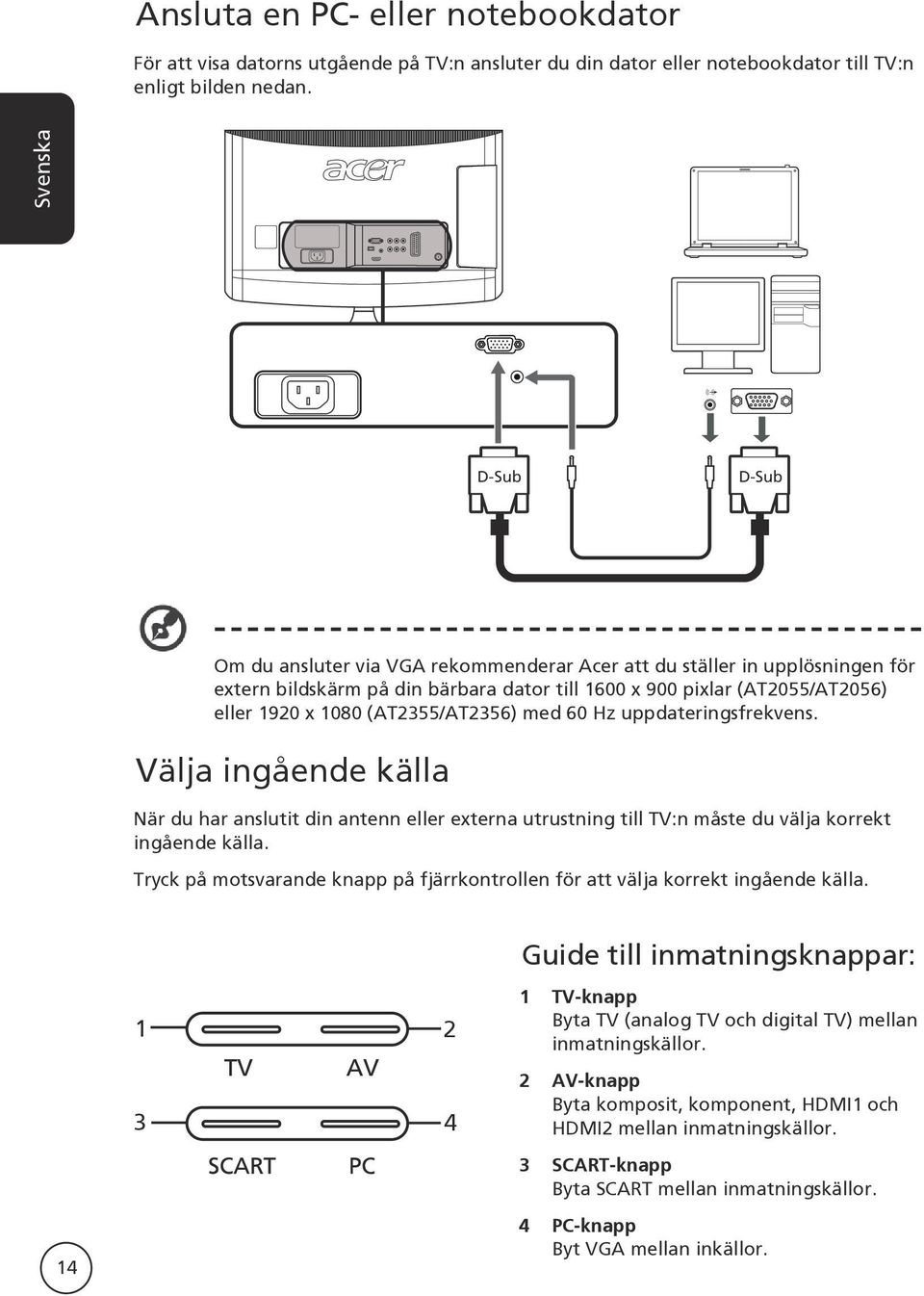 med 60 Hz uppdateringsfrekvens. Välja ingående källa När du har anslutit din antenn eller externa utrustning till TV:n måste du välja korrekt ingående källa.