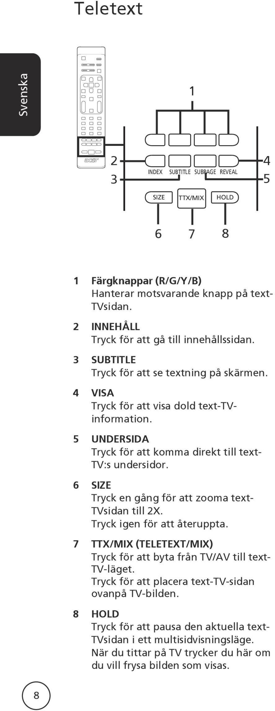 5 UNDERSIDA Tryck för att komma direkt till text- TV:s undersidor. 6 SIZE Tryck en gång för att zooma text- TVsidan till 2X. Tryck igen för att återuppta.