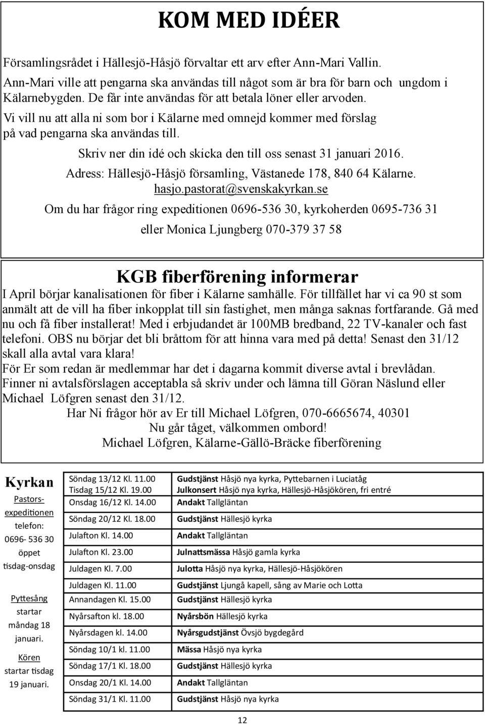 Skriv ner din idé och skicka den till oss senast 31 januari 2016. Adress: Hällesjö-Håsjö församling, Västanede 178, 840 64 Kälarne. hasjo.pastorat@svenskakyrkan.