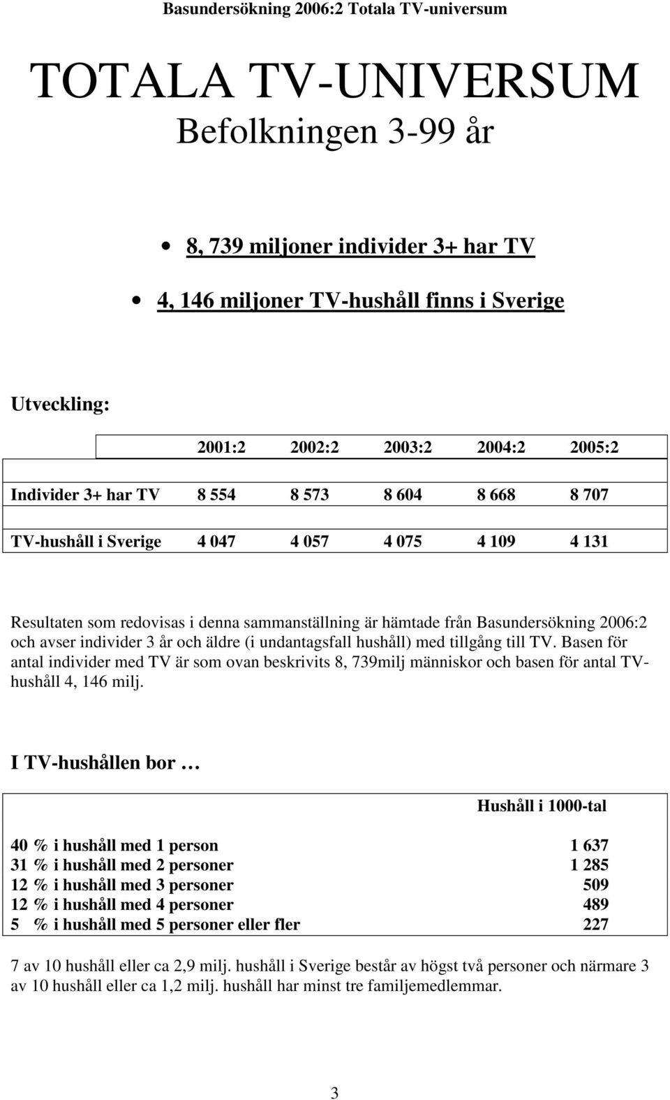 undantagsfall hushåll) med tillgång till TV. Basen för antal individer med TV är som ovan beskrivits 8, 739milj människor och basen för antal TVhushåll 4, 146 milj.