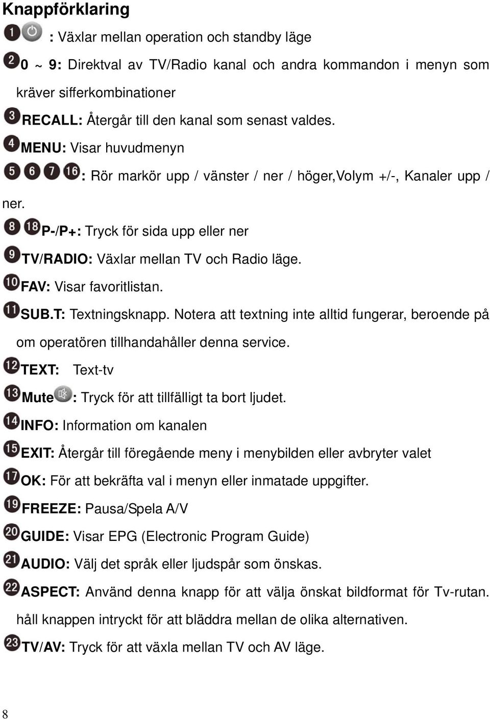 FAV: Visar favoritlistan. SUB.T: Textningsknapp. Notera att textning inte alltid fungerar, beroende på om operatören tillhandahåller denna service.