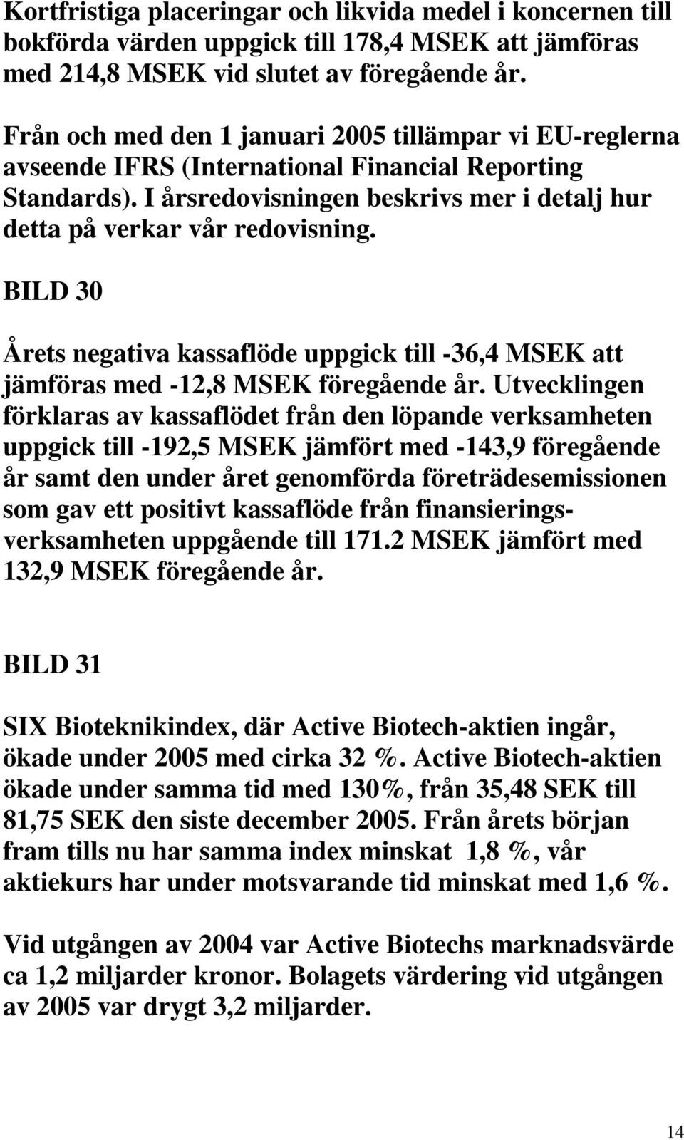 BILD 30 Årets negativa kassaflöde uppgick till -36,4 MSEK att jämföras med -12,8 MSEK föregående år.