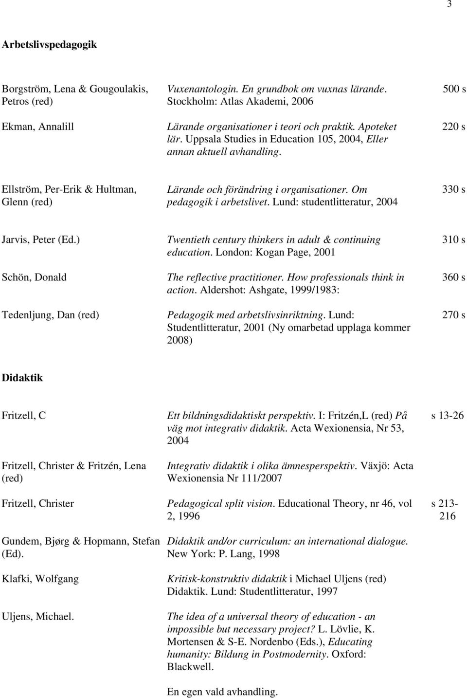 500 s 220 s Ellström, Per-Erik & Hultman, Glenn (red) Lärande och förändring i organisationer. Om pedagogik i arbetslivet. Lund: studentlitteratur, 2004 330 s Jarvis, Peter (Ed.