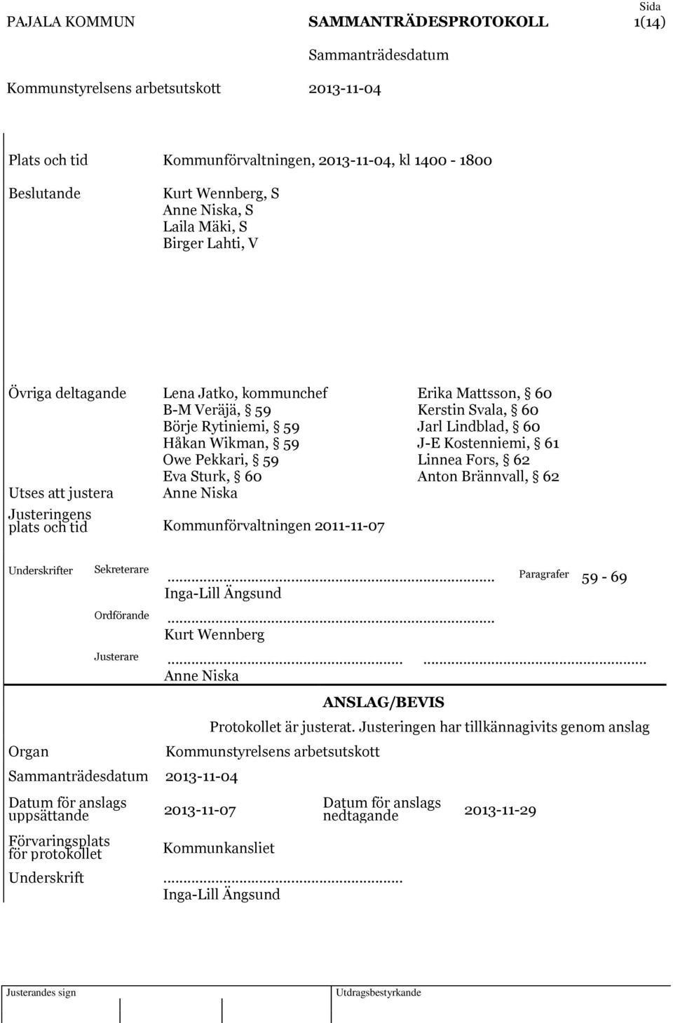 60 Kerstin Svala, 60 Jarl Lindblad, 60 J-E Kostenniemi, 61 Linnea Fors, 62 Anton Brännvall, 62 Underskrifter Organ Sekreterare... Paragrafer 59-69 Inga-Lill Ängsund Ordförande.