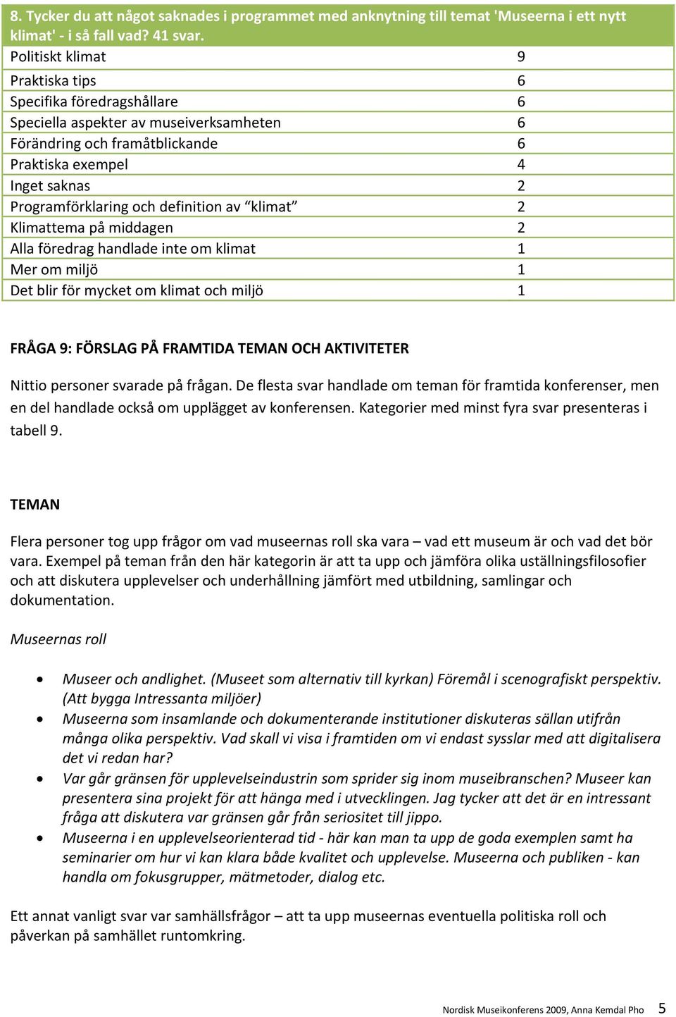 definition av klimat 2 Klimattema på middagen 2 Alla föredrag handlade inte om klimat 1 Mer om miljö 1 Det blir för mycket om klimat och miljö 1 FRÅGA 9: FÖRSLAG PÅ FRAMTIDA TEMAN OCH AKTIVITETER