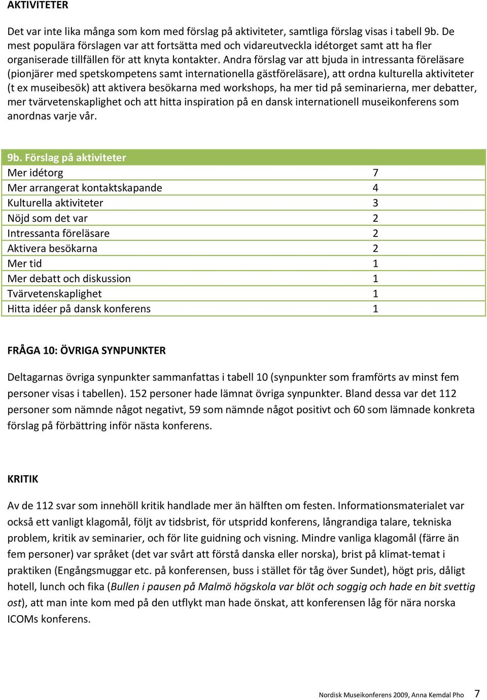 Andra förslag var att bjuda in intressanta föreläsare (pionjärer med spetskompetens samt internationella gästföreläsare), att ordna kulturella aktiviteter (t ex museibesök) att aktivera besökarna med