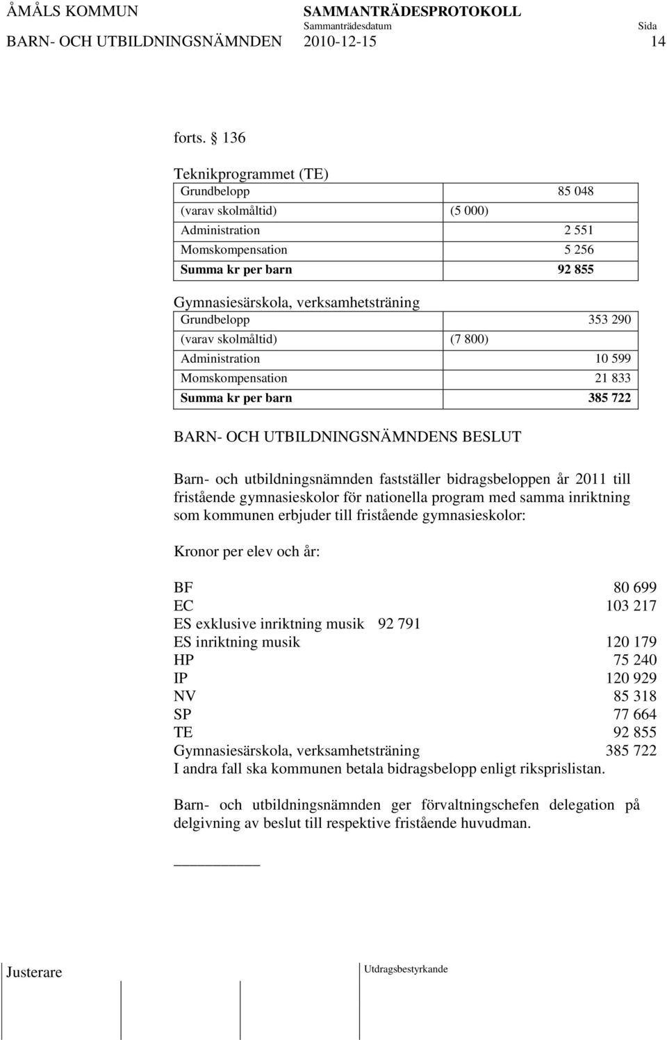 (varav skolmåltid) (7 800) Administration 10 599 Momskompensation 21 833 Summa kr per barn 385 722 Barn- och utbildningsnämnden fastställer bidragsbeloppen år 2011 till fristående gymnasieskolor för