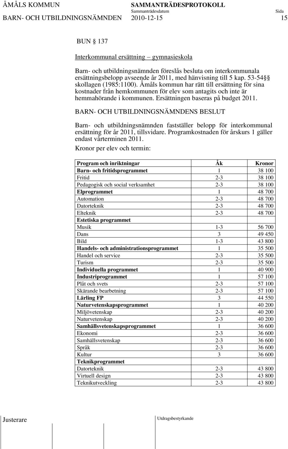 Ersättningen baseras på budget 2011. Barn- och utbildningsnämnden fastställer belopp för interkommunal ersättning för år 2011, tillsvidare.