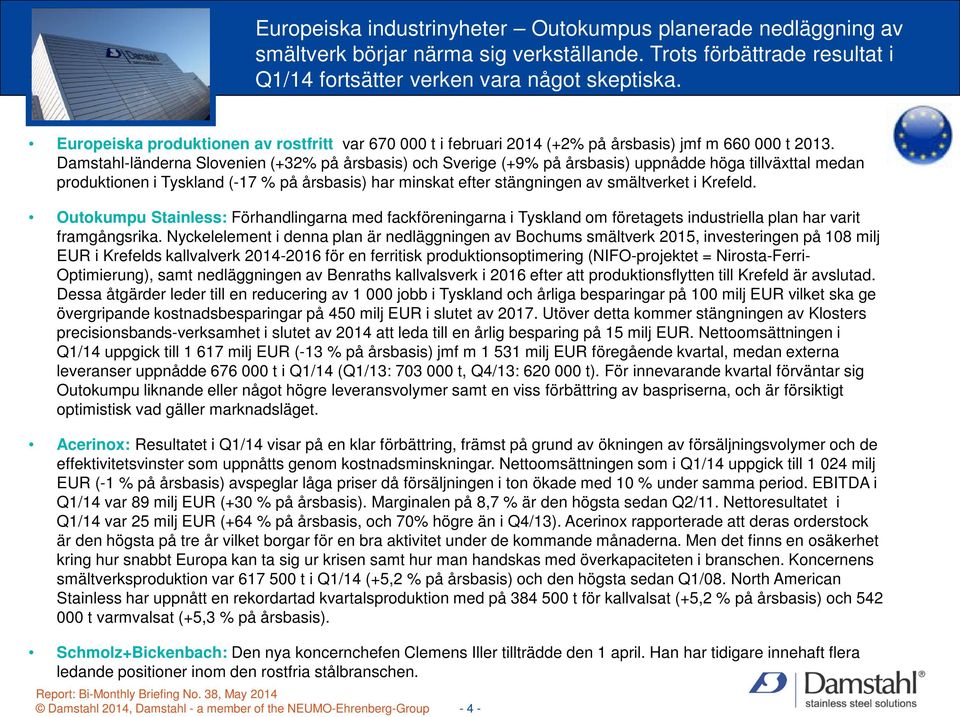 Damstahl-länderna Slovenien (+32% på årsbasis) och Sverige (+9% på årsbasis) uppnådde höga tillväxttal medan produktionen i Tyskland (-17 % på årsbasis) har minskat efter stängningen av smältverket i