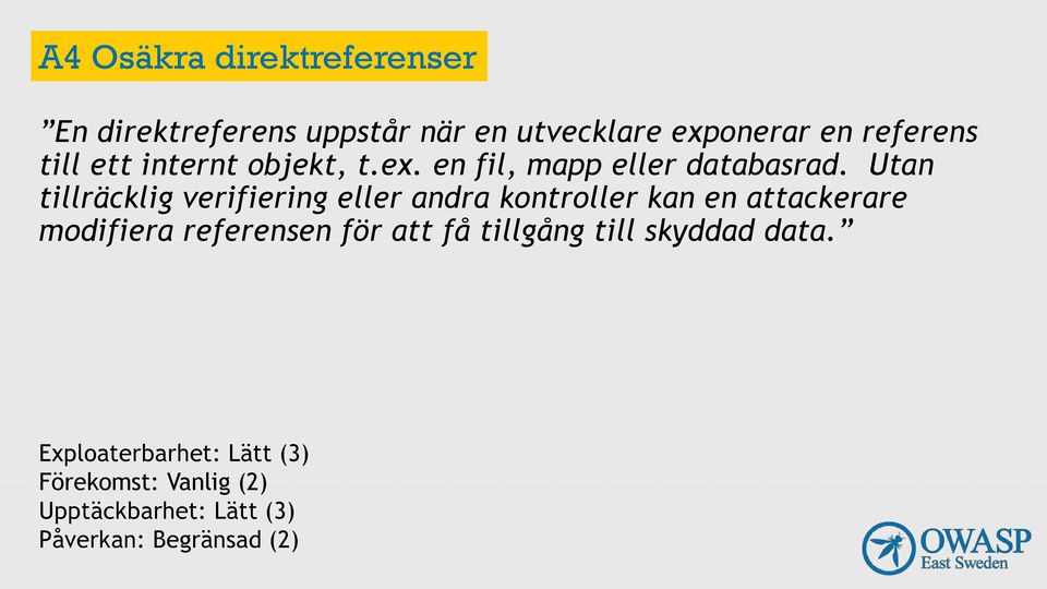 Utan tillräcklig verifiering eller andra kontroller kan en attackerare modifiera referensen för