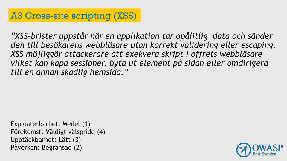 XSS möjliggör attackerare att exekvera skript i offrets webbläsare vilket kan kapa sessioner, byta ut element