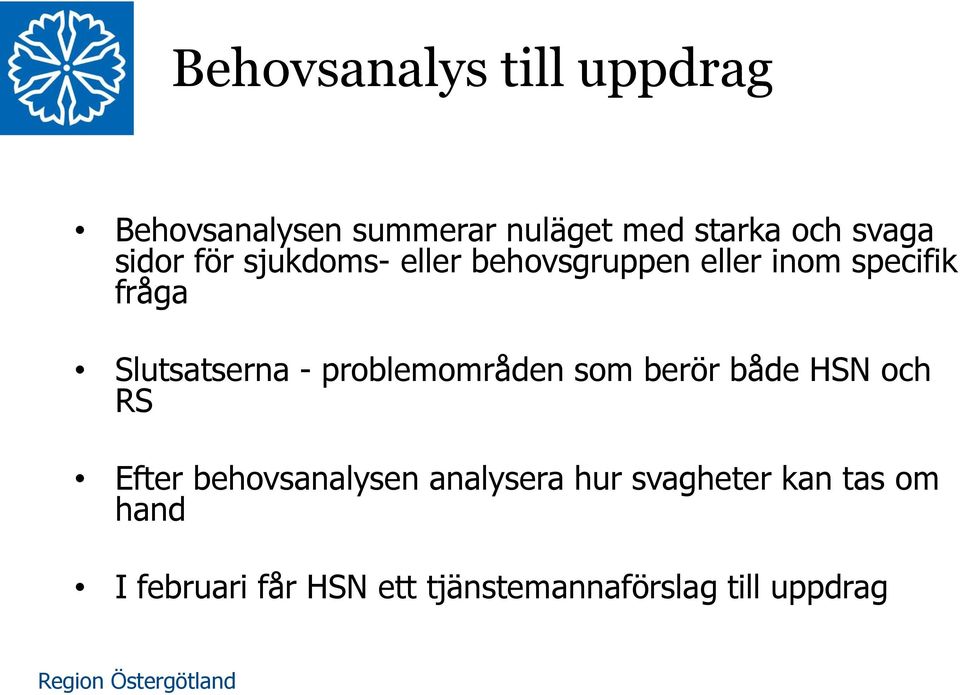 - problemområden som berör både HSN och RS Efter behovsanalysen analysera hur