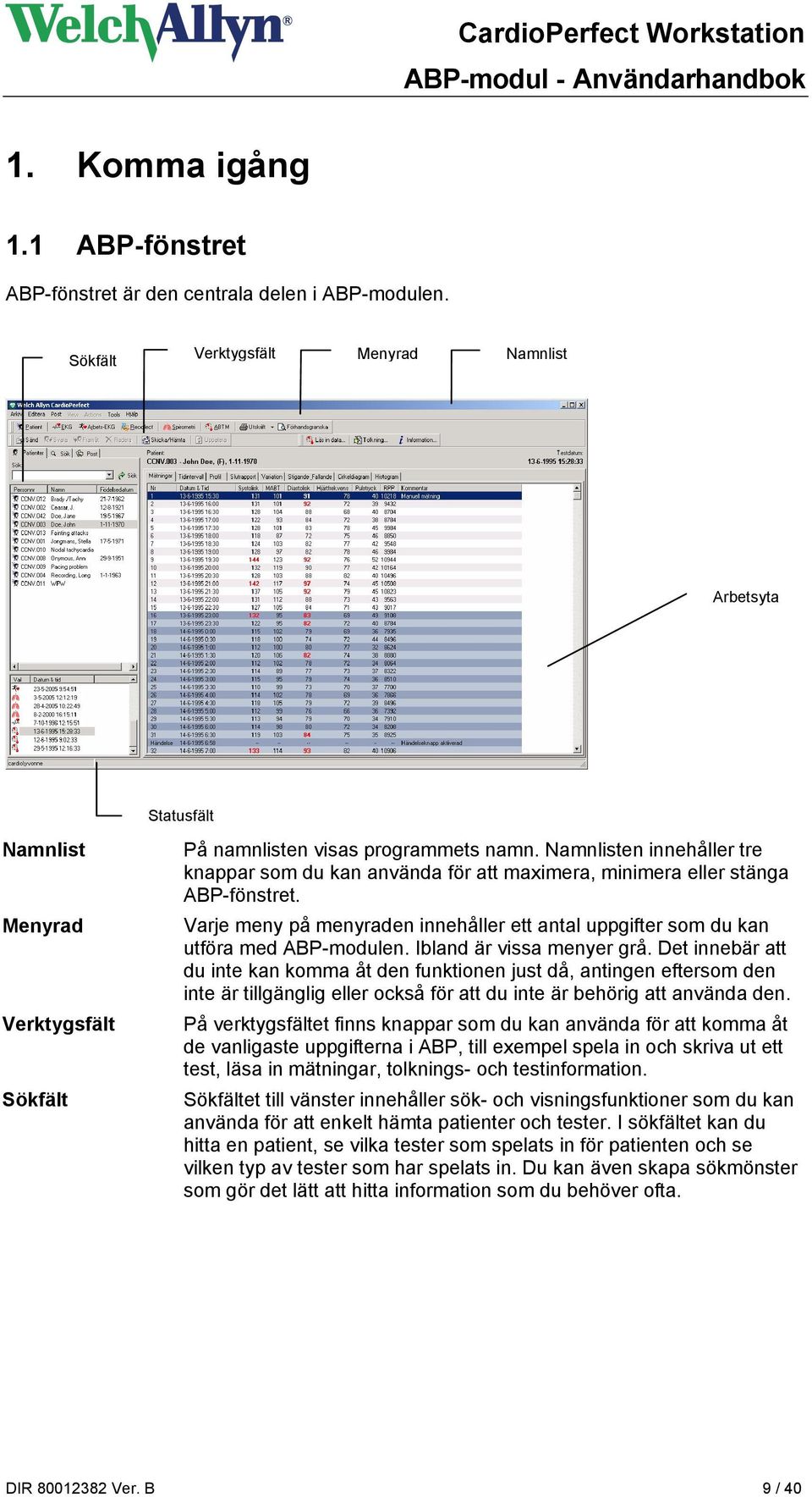 Namnlisten innehåller tre knappar som du kan använda för att maximera, minimera eller stänga ABP-fönstret. Varje meny på menyraden innehåller ett antal uppgifter som du kan utföra med ABP-modulen.