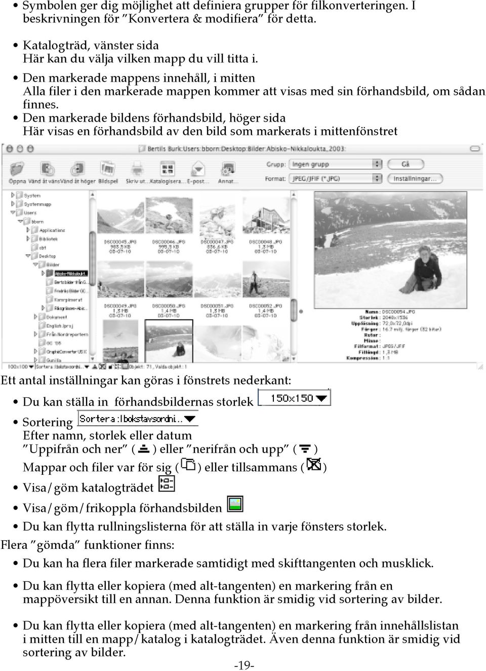 Den markerade bildens förhandsbild, höger sida Här visas en förhandsbild av den bild som markerats i mittenfönstret Ett antal inställningar kan göras i fönstrets nederkant: Du kan ställa in