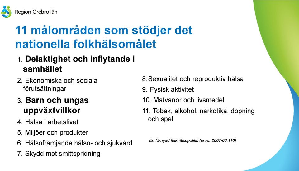Miljöer och produkter 6. Hälsofrämjande hälso- och sjukvård 7. Skydd mot smittspridning 8.