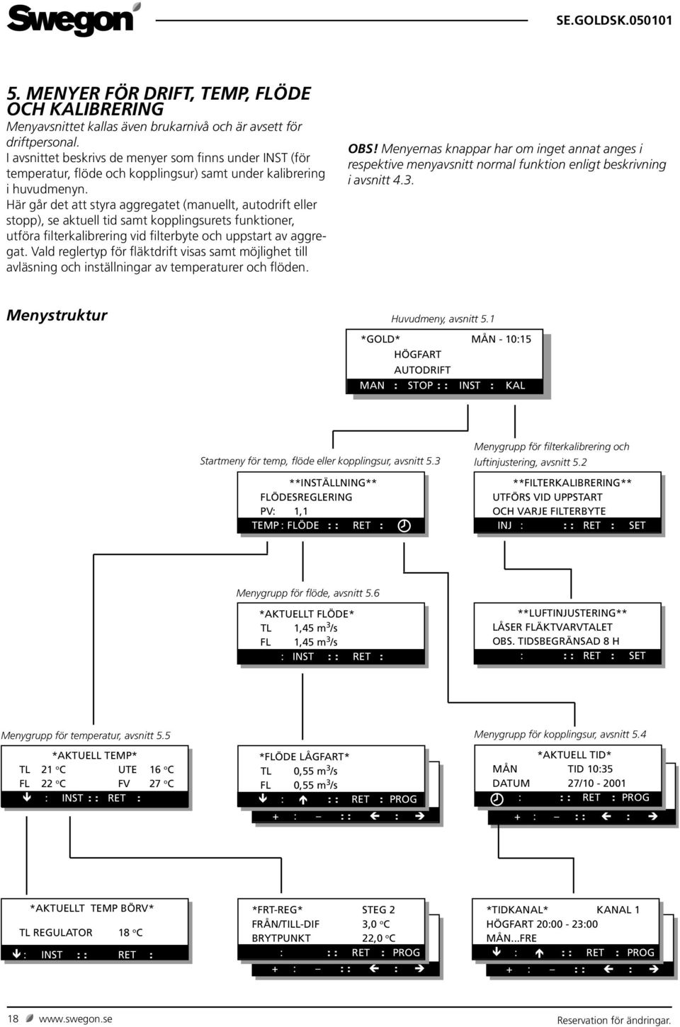 Här går det att styra aggregatet (manuellt, autodrift eller stopp), se aktuell tid samt kopplingsurets funktioner, utföra filterkalibrering vid filterbyte och uppstart av aggregat.