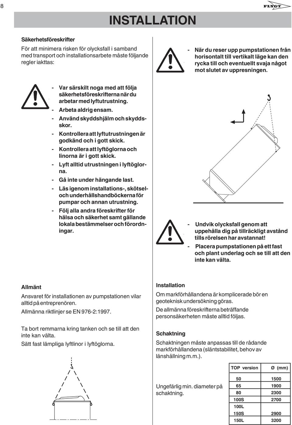 Arbeta aldrig ensam - Använd skyddshjälm och skyddsskor - Kontrollera att lyftutrustningen är godkänd och i gott skick - Kontrollera att lyftöglorna och linorna är i gott skick - Lyft alltid