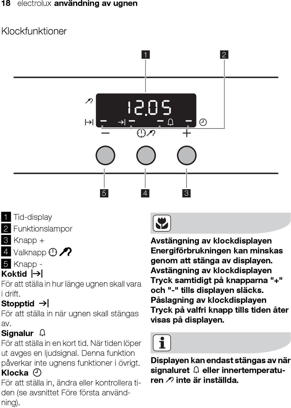 Klocka För att ställa in, ändra eller kontrollera tiden (se avsnittet Före första användning). Avstängning av klockdisplayen Energiförbrukningen kan minskas genom att stänga av displayen.