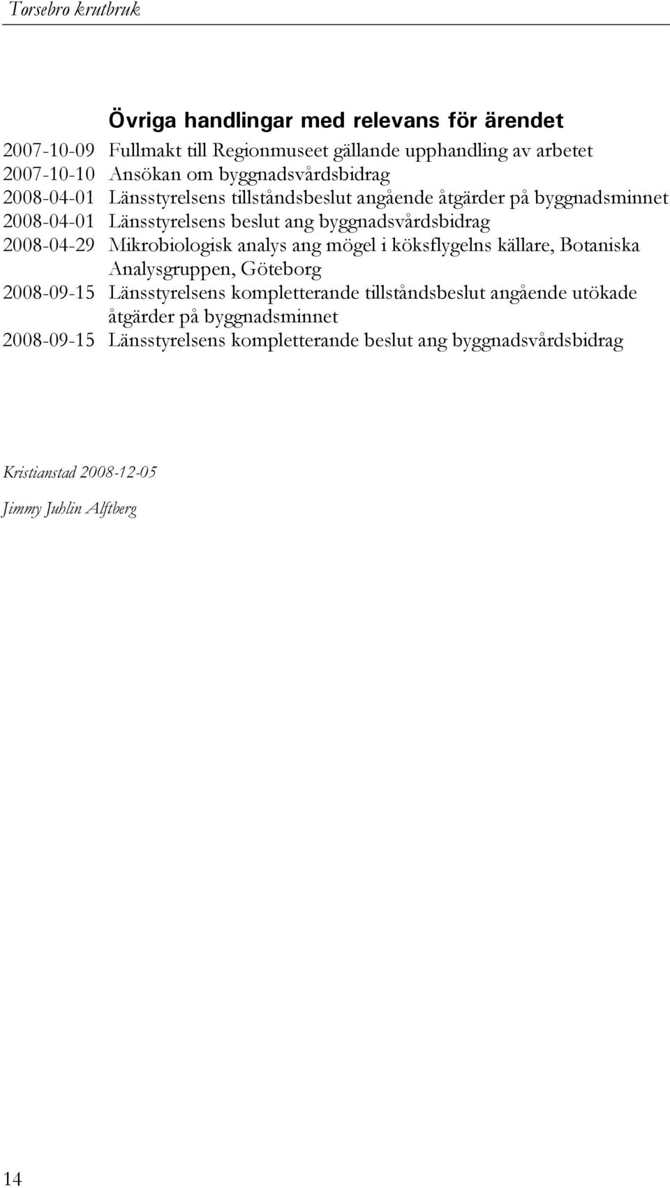 2008-04-29 Mikrobiologisk analys ang mögel i köksflygelns källare, Botaniska Analysgruppen, Göteborg 2008-09-15 Länsstyrelsens kompletterande