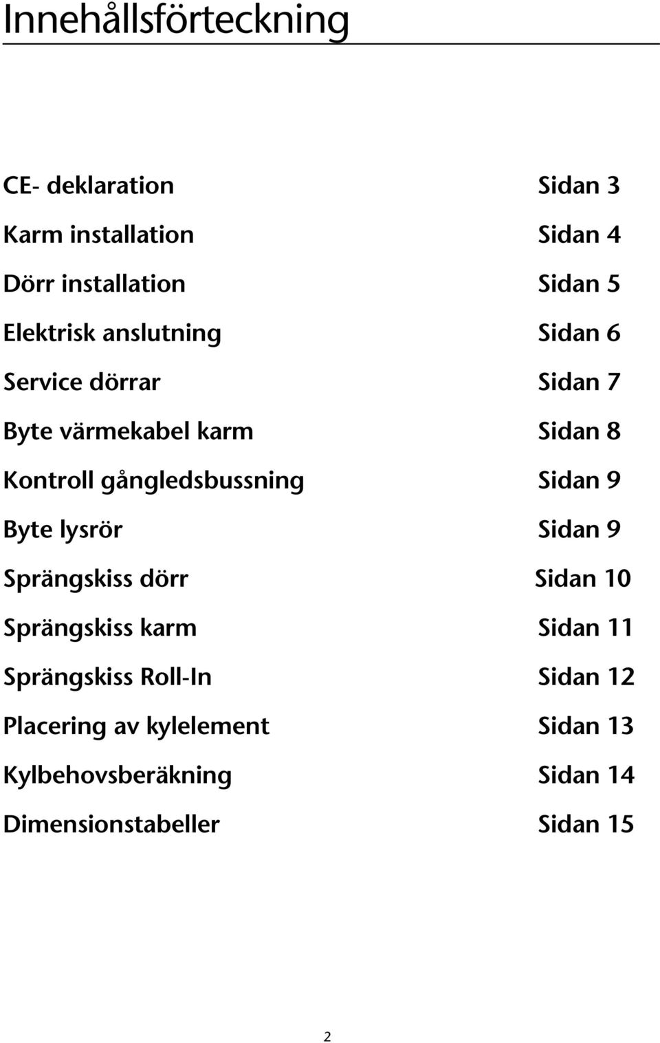 gångledsbussning Sidan 9 Byte lysrör Sidan 9 Sprängskiss dörr Sidan 10 Sprängskiss karm Sidan 11