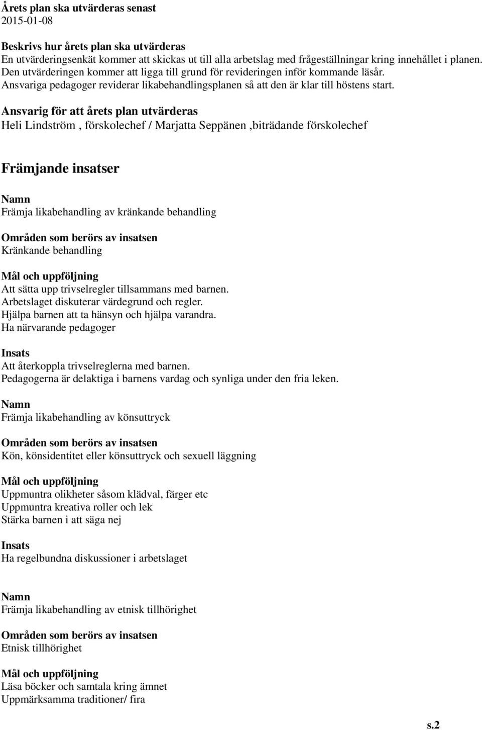 Ansvarig för att årets plan utvärderas Heli Lindström, förskolechef / Marjatta Seppänen,biträdande förskolechef Främjande insatser Främja likabehandling av kränkande behandling Kränkande behandling