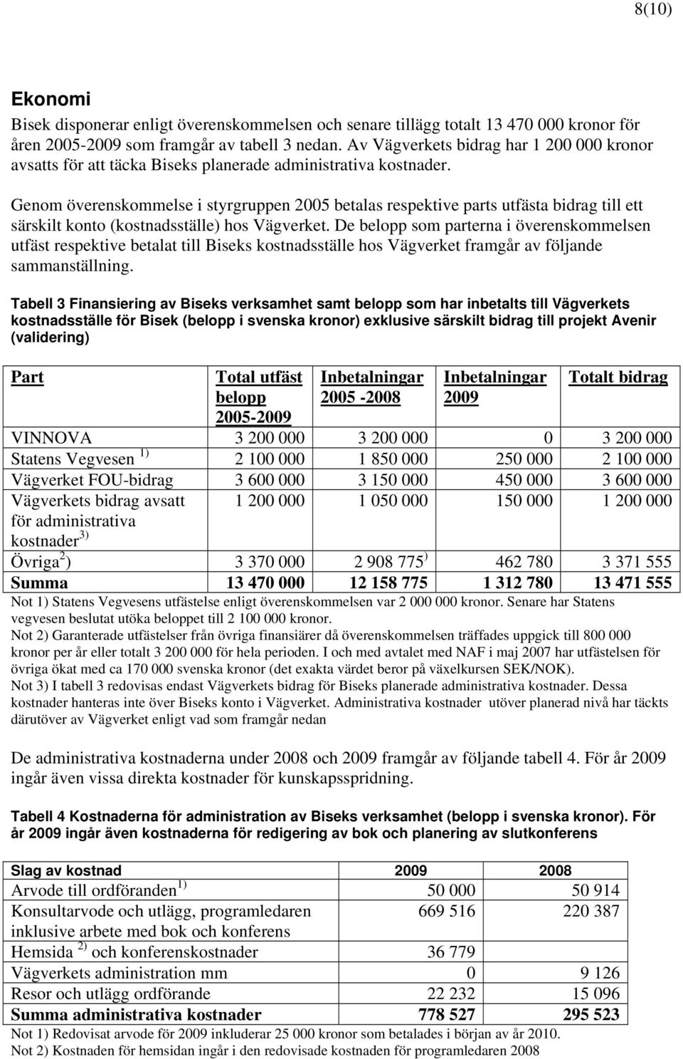 Genom överenskommelse i styrgruppen 2005 betalas respektive parts utfästa bidrag till ett särskilt konto (kostnadsställe) hos Vägverket.