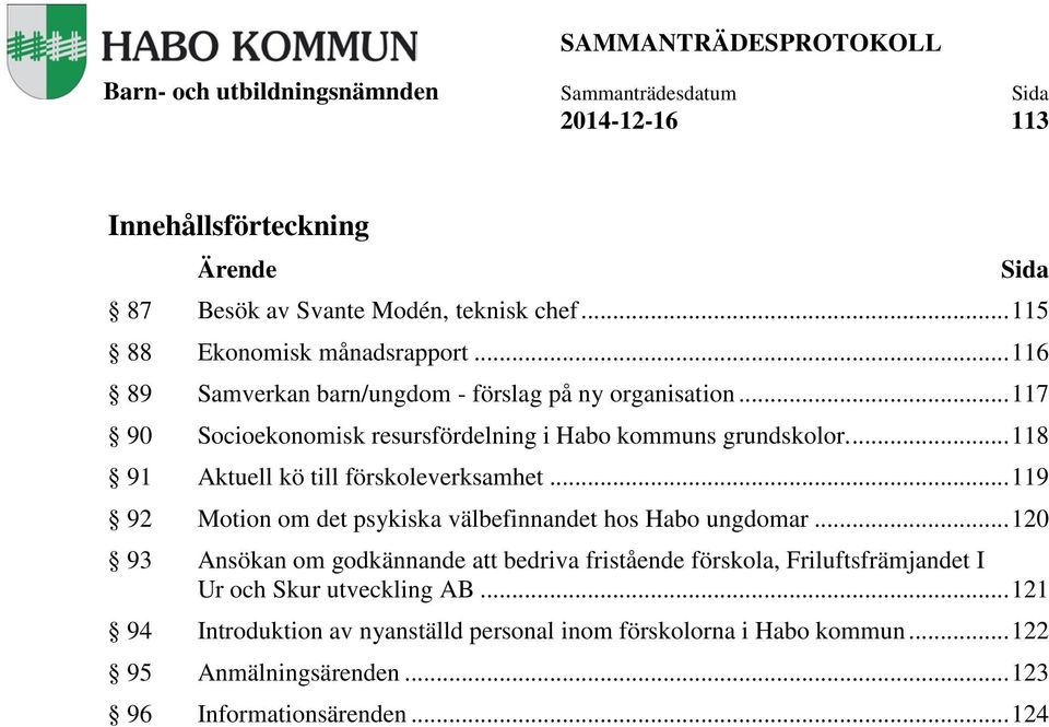 ... 118 91 Aktuell kö till förskoleverksamhet... 119 92 Motion om det psykiska välbefinnandet hos Habo ungdomar.