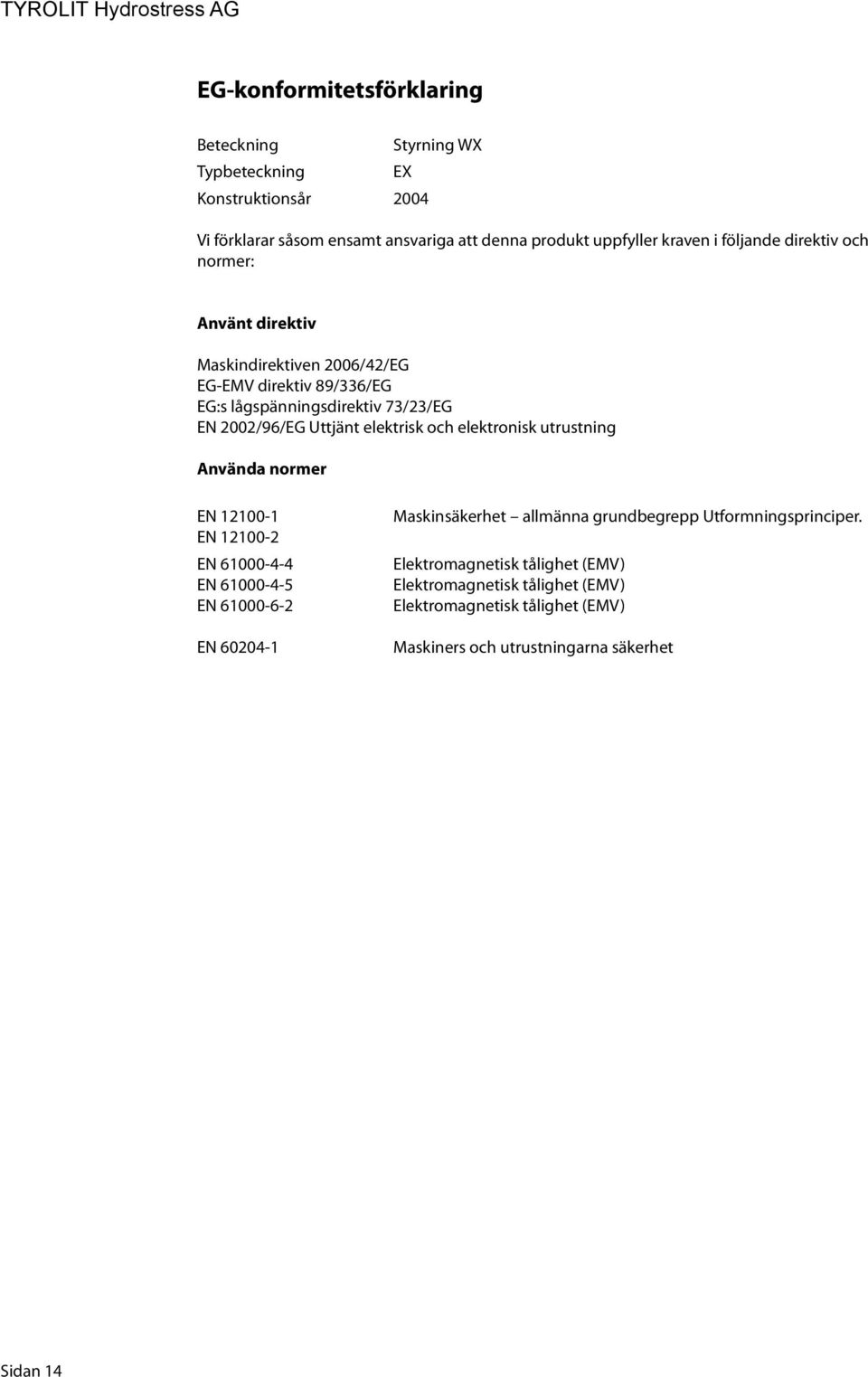 elektrisk och elektronisk utrustning Använda normer EN 12100-1 EN 12100-2 EN 61000-4-4 EN 61000-4-5 EN 61000-6-2 EN 60204-1 Maskinsäkerhet allmänna grundbegrepp