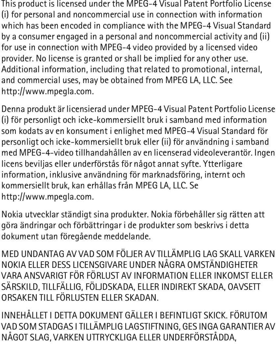 No license is granted or shall be implied for any other use. Additional information, including that related to promotional, internal, and commercial uses, may be obtained from MPEG LA, LLC.