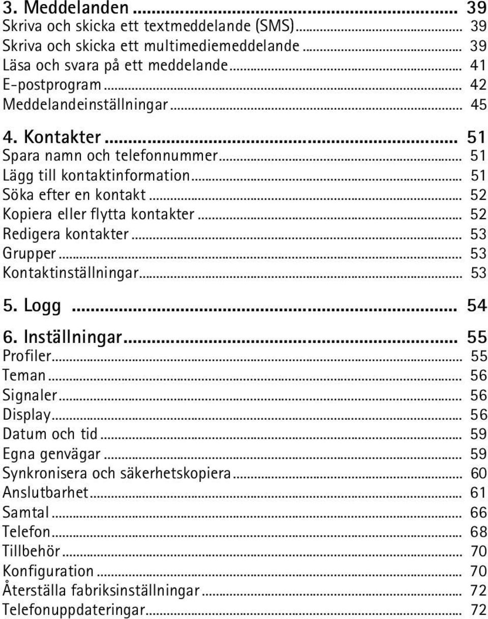 .. 52 Redigera kontakter... 53 Grupper... 53 Kontaktinställningar... 53 5. Logg... 54 6. Inställningar... 55 Profiler... 55 Teman... 56 Signaler... 56 Display... 56 Datum och tid.