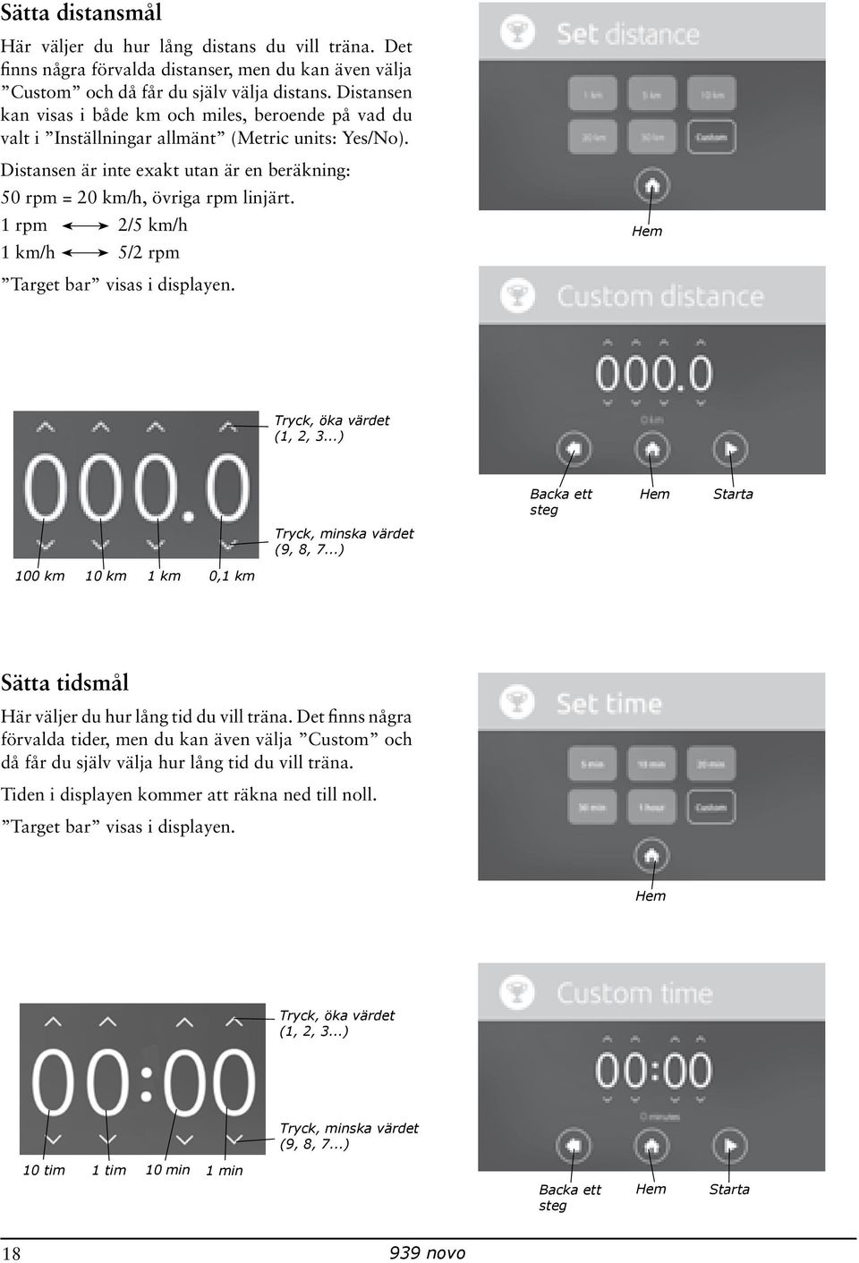 1 rpm 2/5 km/h 1 km/h 5/2 rpm Target bar visas i displayen. Hem Tryck, öka värdet (1, 2, 3...) Backa ett steg Hem Starta Tryck, minska värdet (9, 8, 7.