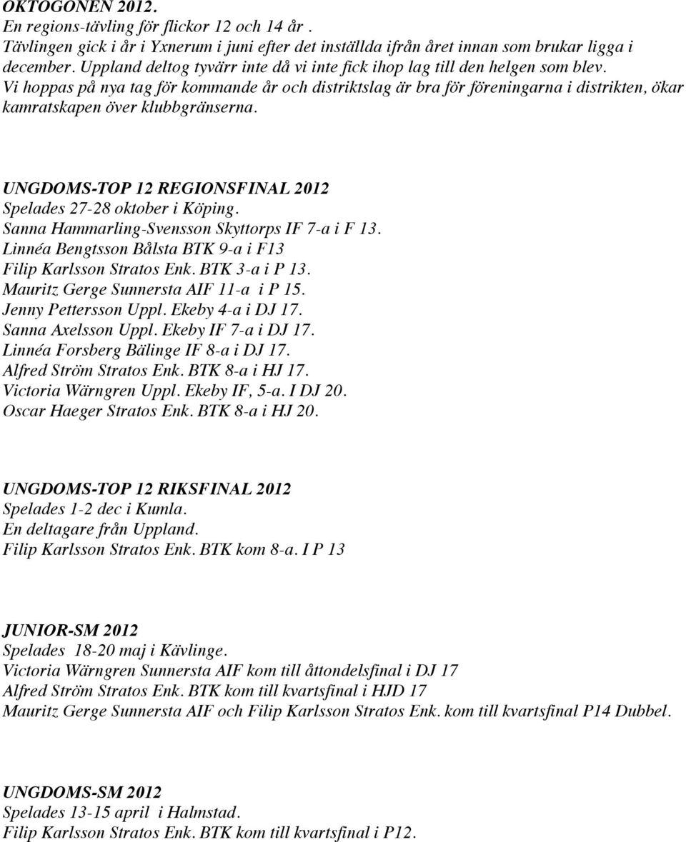 Vi hoppas på nya tag för kommande år och distriktslag är bra för föreningarna i distrikten, ökar kamratskapen över klubbgränserna. UNGDOMS-TOP 12 REGIONSFINAL 2012 Spelades 27-28 oktober i Köping.