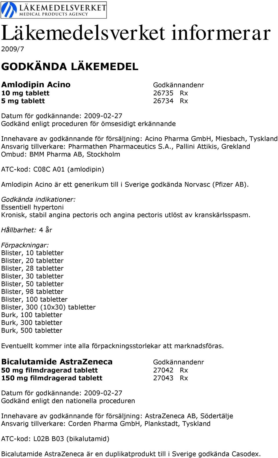 Essentiell hypertoni Kronisk, stabil angina pectoris och angina pectoris utlöst av kranskärlsspasm.