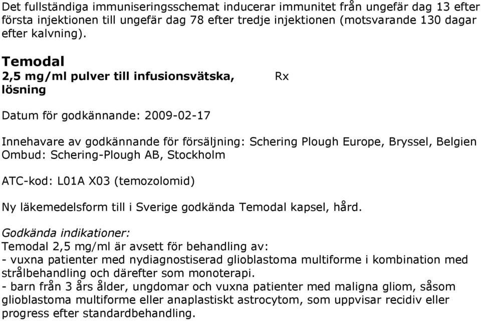 AB, Stockholm ATC-kod: L01A X03 (temozolomid) Ny läkemedelsform till i Sverige godkända Temodal kapsel, hård.