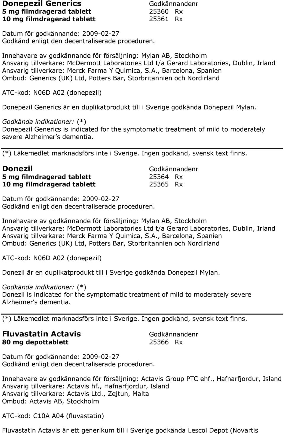 , Barcelona, Spanien Ombud: Generics (UK) Ltd, Potters Bar, Storbritannien och Nordirland ATC-kod: N06D A02 (donepezil) Donepezil Generics är en duplikatprodukt till i Sverige godkända Donepezil