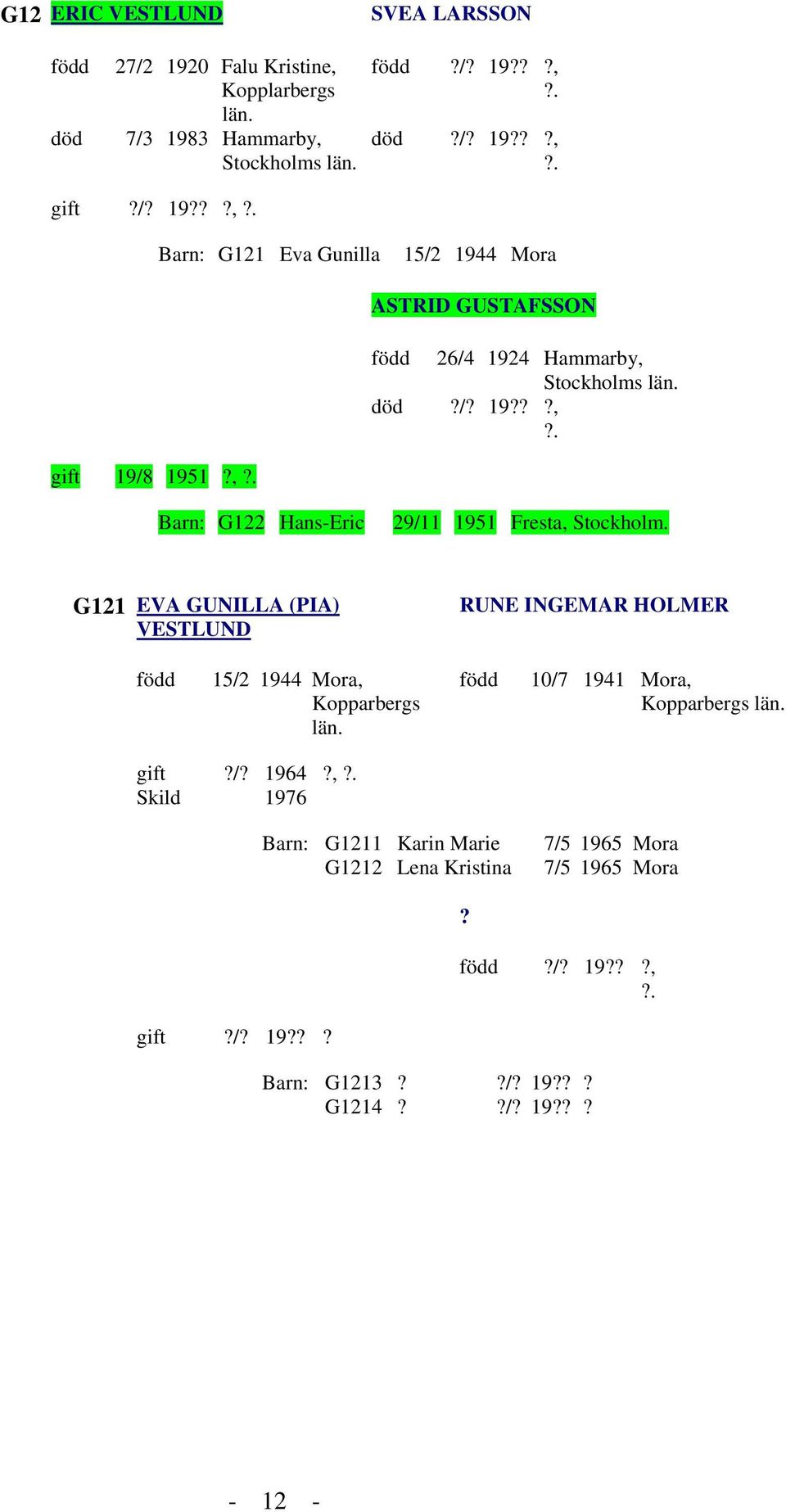 G121 EVA GUNILLA (PIA) VESTLUND RUNE INGEMAR HOLMER 15/2 1944 Mora, 