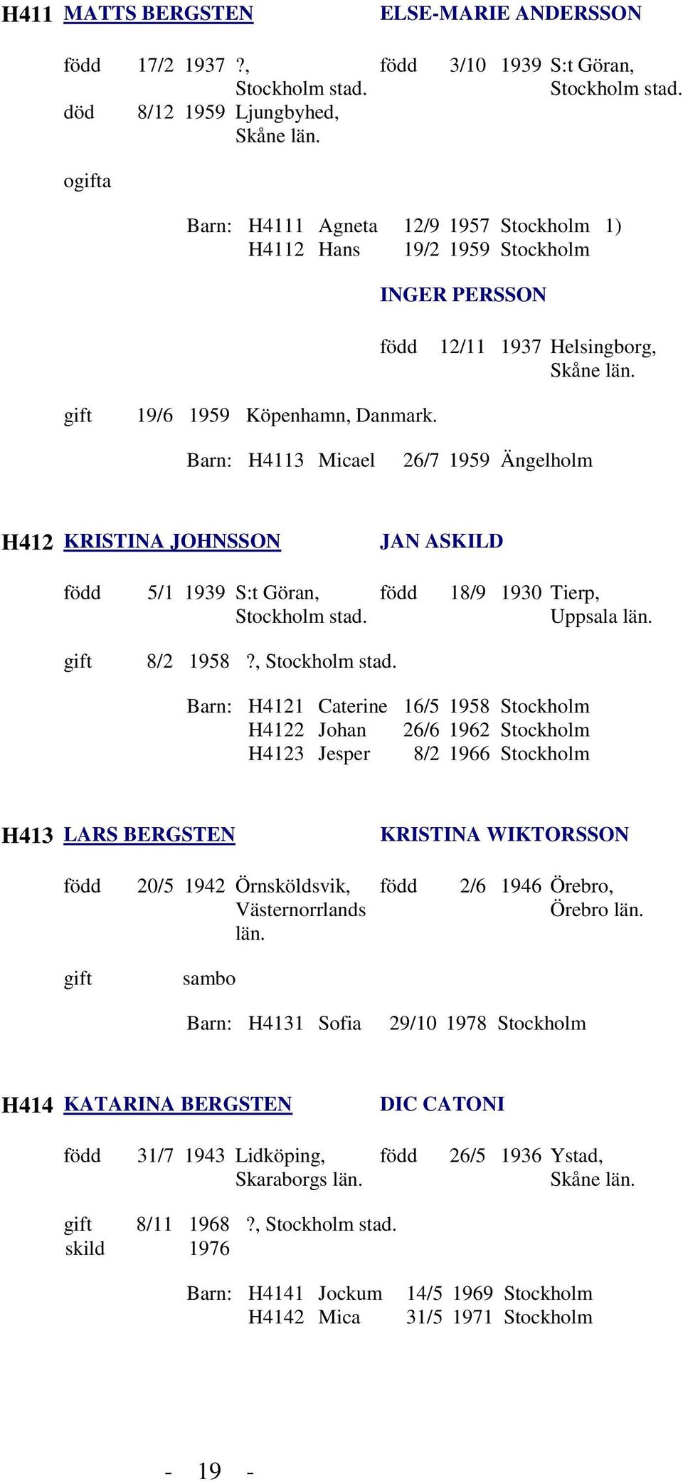 Barn: H4113 Micael 26/7 1959 Ängelholm H412 KRISTINA JOHNSSON JAN ASKILD 5/1 1939 S:t Göran, 8/2 1958?, 18/9 1930 Tierp, Uppsala län.