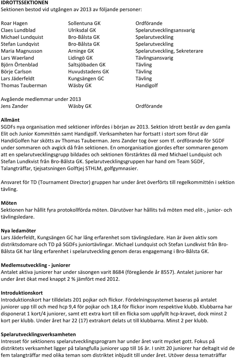 Tävling Börje Carlson Huvudstadens GK Tävling Lars Jäderfeldt Kungsängen GC Tävling Thomas Tauberman Wäsby GK Handigolf Avgående medlemmar under 2013 Jens Zander Wäsby GK Ordförande Allmänt SGDFs nya